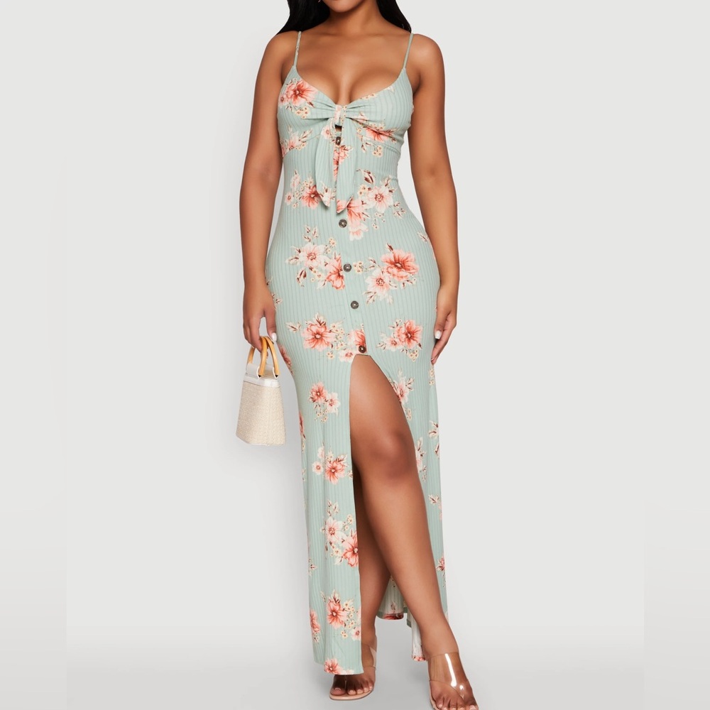 Blashe Medium Sage Green Floral Tie Front Cami Maxi Dress